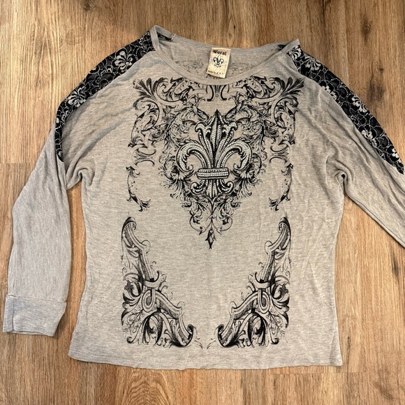 Vtg Y2K Vocal Blouse Women’s XL Grey Black Embellished Lace Graphic AOP Grunge - Picture 1 of 8